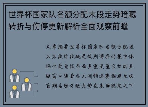 世界杯国家队名额分配末段走势暗藏转折与伤停更新解析全面观察前瞻